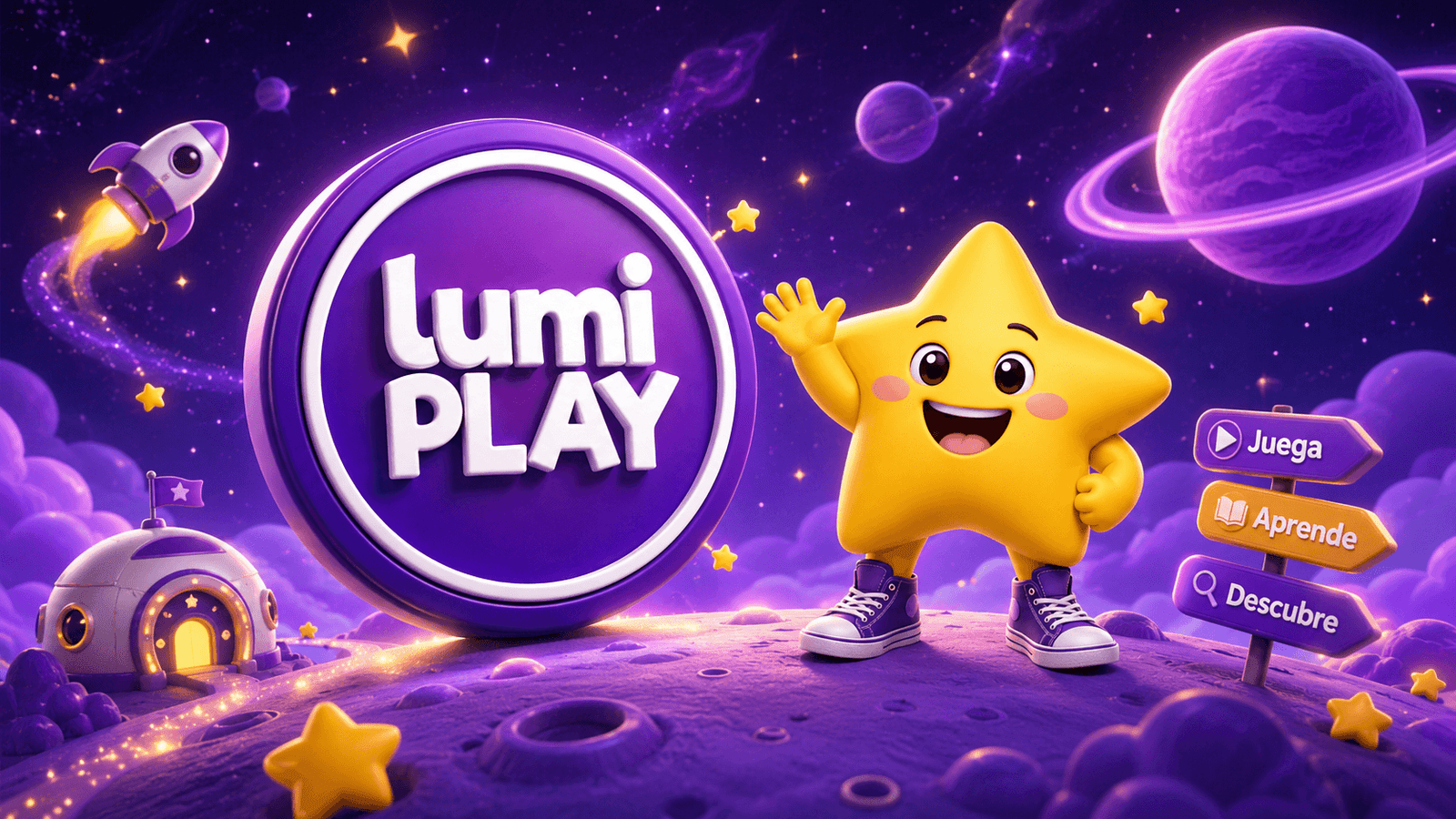 Universo LUMIPLAY con paisaje espacial, logotipo 3D, mascota estrella y mensajes de juego, aprendizaje y descubrimiento